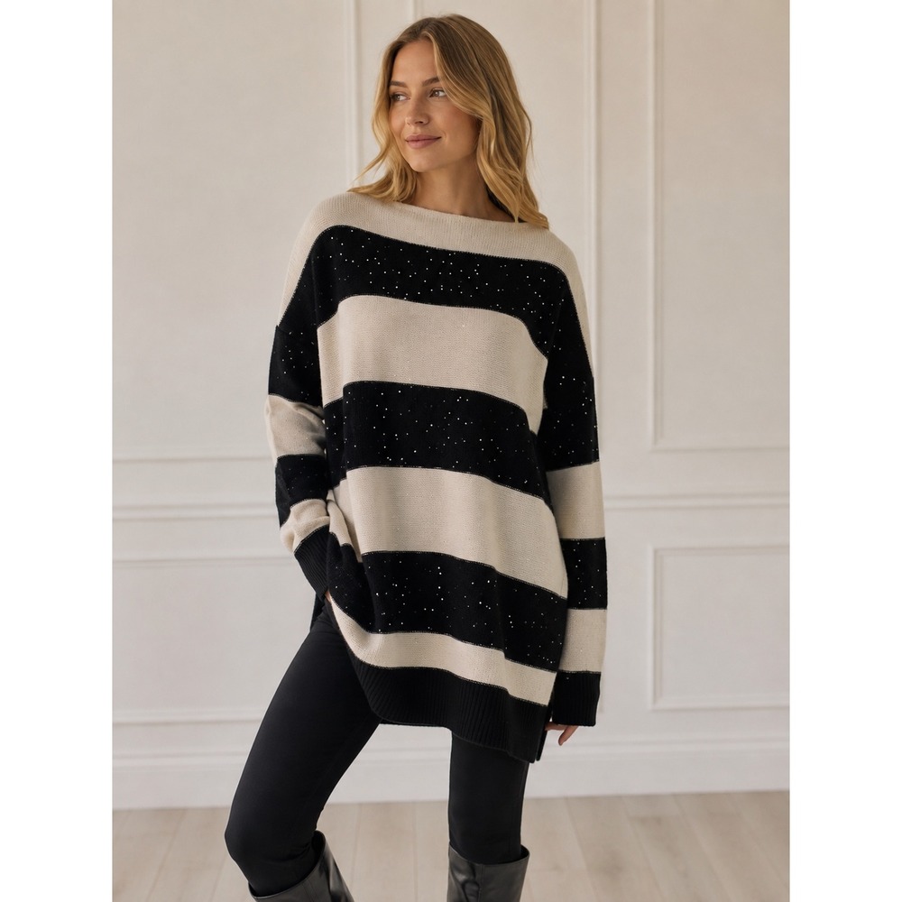 Interdee Paris 100% Cashmere Striped Sequin Sweater Black Cream M/L Tunic